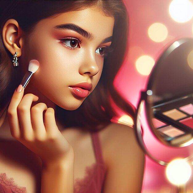 close up view of happy young woman with flawless makeup