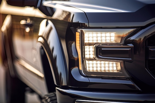 Close up view of headlight of a modern pickup truck Generative AI