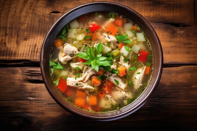 Close up view of homemade chicken vegetable soup on old wood background
