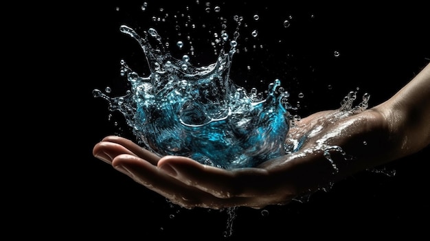 Close up view of human hands with water splashes on black backgroundgenerative ai