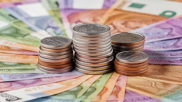 Close up view of indian rupees banknotes and stacked coins