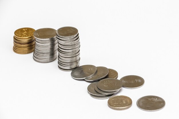 Close up view of indian rupees coins on white background.