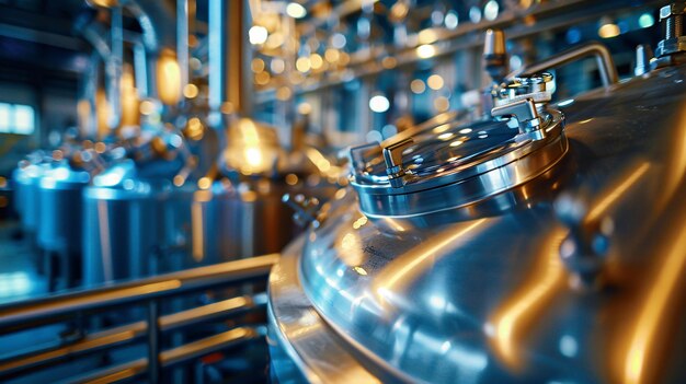 Close up view inside of the modern brewery with beer production equipment