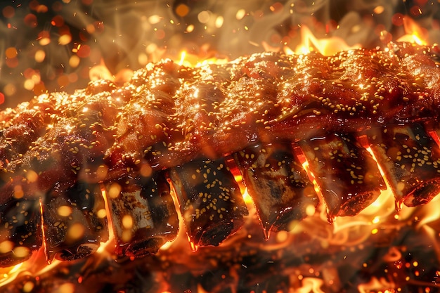 불꽃 과 연기 로 맛 있는 바비큐 를 만들고 있는 맛있는 바비큐 된 돼지고기 갈비 의 근접적 인 모습
