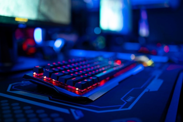 Close up view of keyboard in video game room Entertaining industry