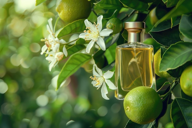 Close up view of Lime branch flowers and perfume bottle