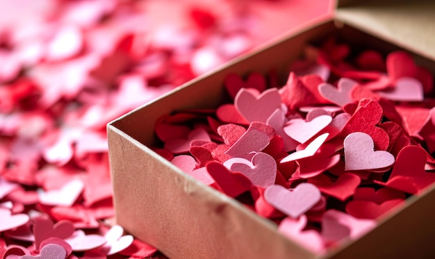 Photo close up view of a little box full of paper hearts for a happy valentines day greeting