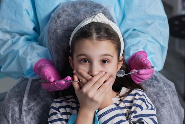 Крупный план маленькой девочки, выглядящей испуганной и испуганной, кричащей, закрывающей рот от стоматологов медицинскими инструментами.