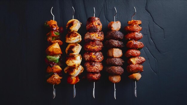 Close up view of lula kebab on metal skewers on dark wall