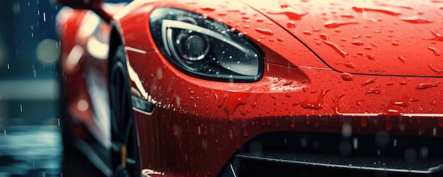 Close up view of luxury sports car wash with fresh water drops panorama Generative Ai