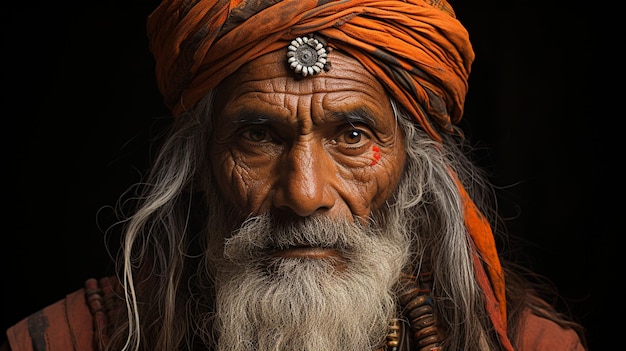 Photo close up view of a male face with headscarf and a hat