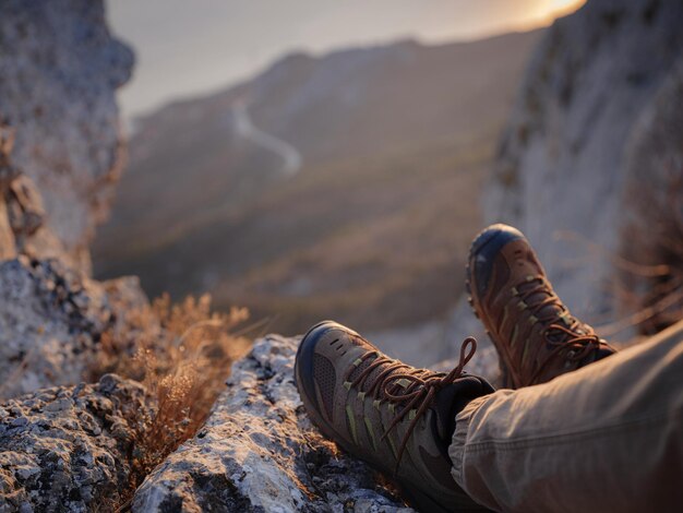 Close up view on male feet wearing hiking boots