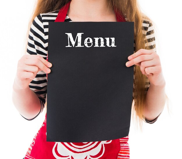 Close up view of menu mockup with copy space in girl hands isolated on white