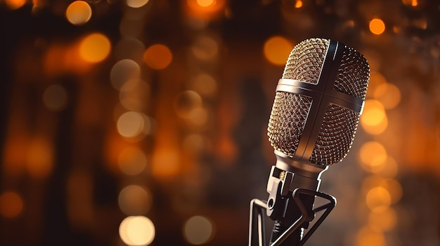 Close up view of the microphone on stage and bokeh background