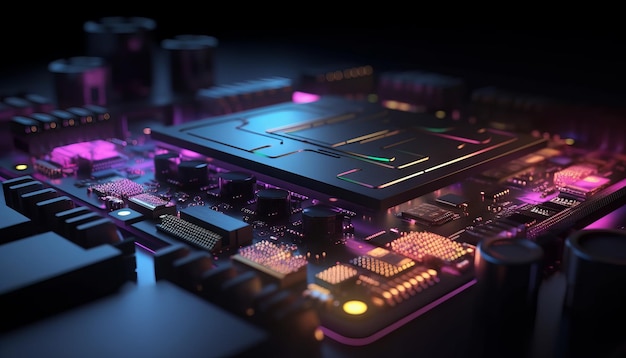 Close up view of a modern GPU card with circuit and colorful lights and details 3D rendering Generative ai