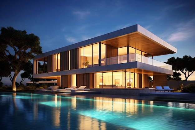 Close up view of a modern luxurious house with a pool