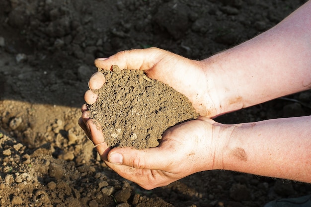 A close up view on moistured soil in mans hands top view