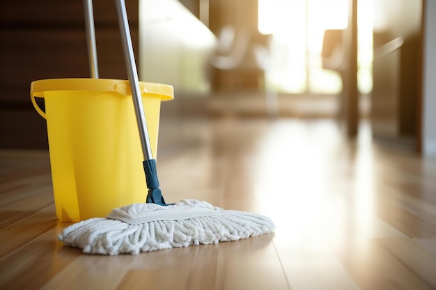 Photo close up view of mop and yellow bucket on parquet floor of room housekeeping cleaning concept