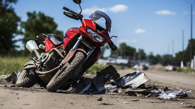 Close up view of a motorcycle accident on the road with damaged vehicles and concerned bystanders