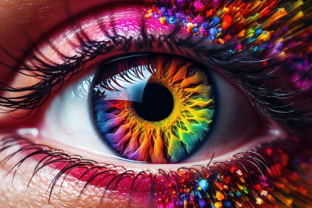 Close up view of multi colorful eye detailed Generative ai