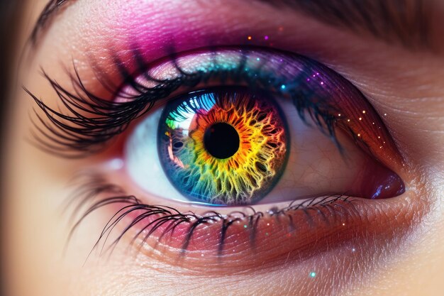 Photo close up view of multi colorful eye detailed generative ai