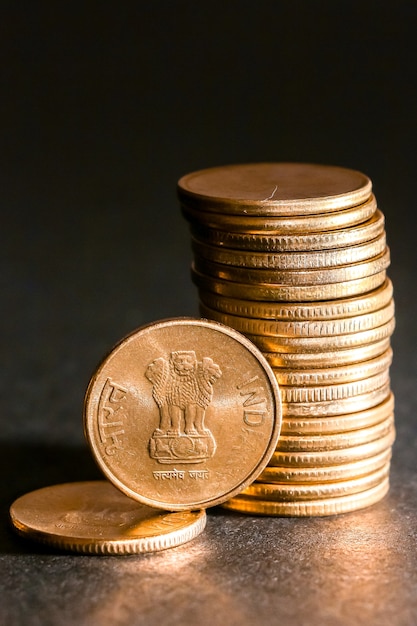 Photo close up view of new indian coins.