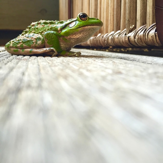 写真 木製の表面上の緑のカエルを近距離で見る