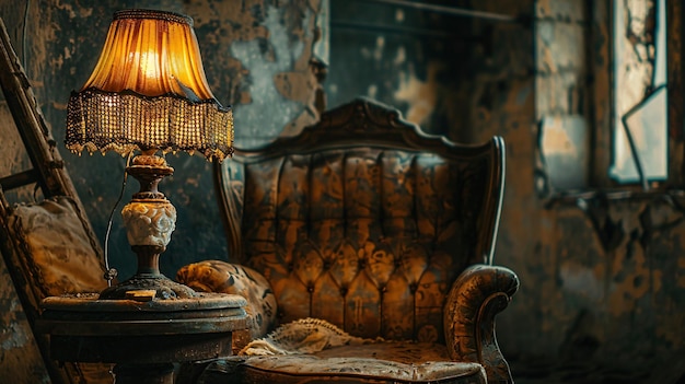 Photo close up view of an old lamp next to a vintage chair in a semidark room made in cinematic style