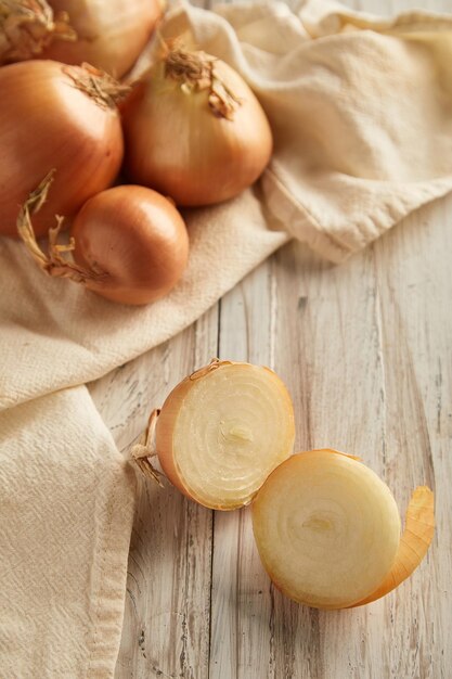 Close up view of Onion on white table