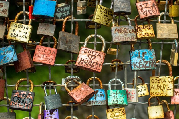 Photo close up view of padlocks attached to metal grate