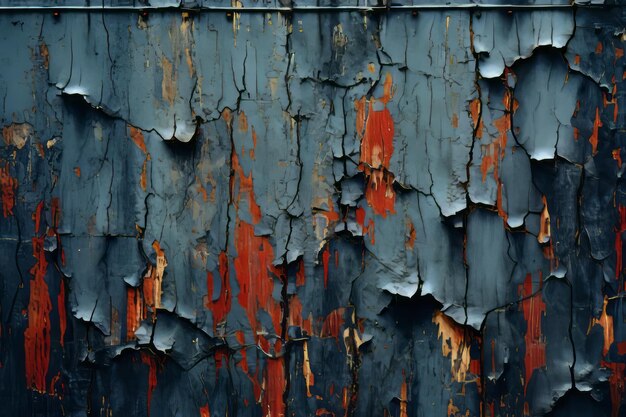 A close up view of the paint peeling off of an old wooden wall