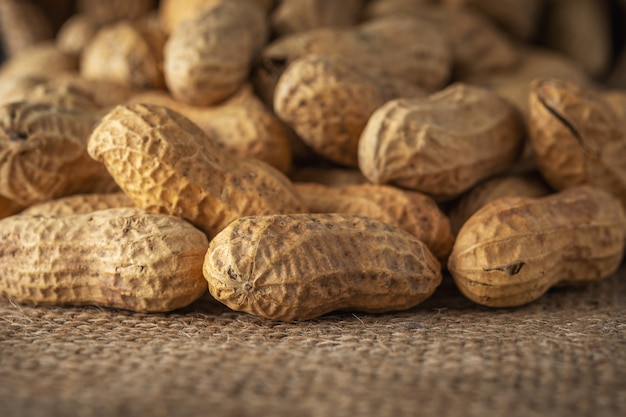 Close-up view of peanut in sack bag.