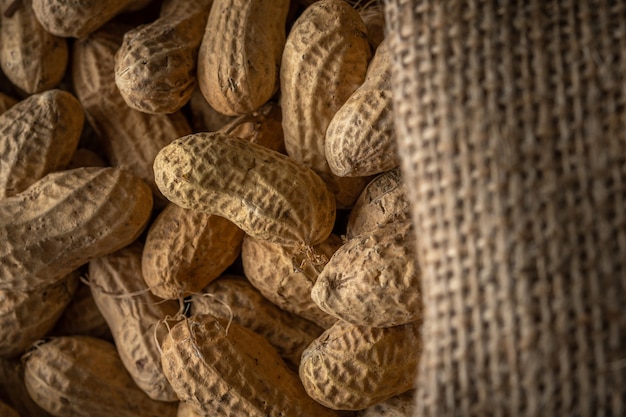 Close-up view of peanut in sack bag