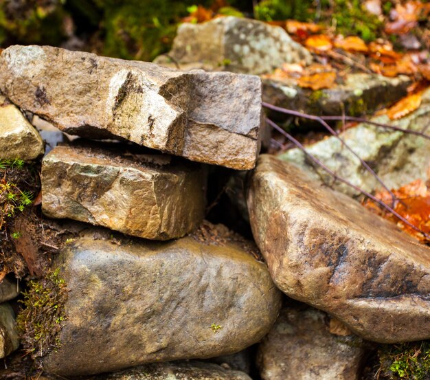 Close-up view of pile of large rough stones in the forest