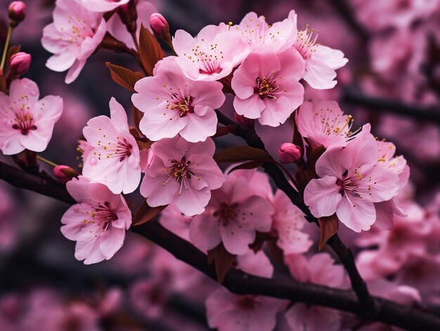 Close up view of pink blossoms on a tree