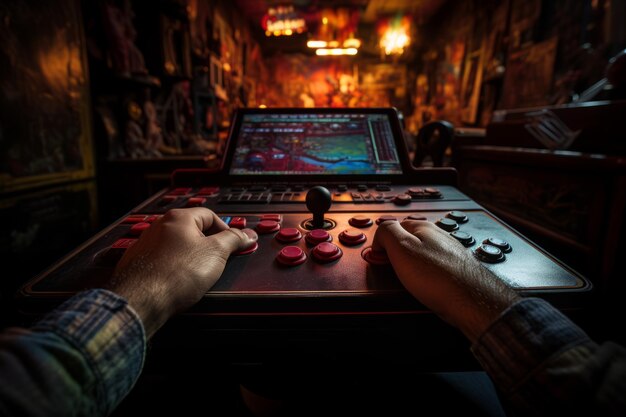 Photo close up view of a player hands gripping on a vintage arcade game generative ai