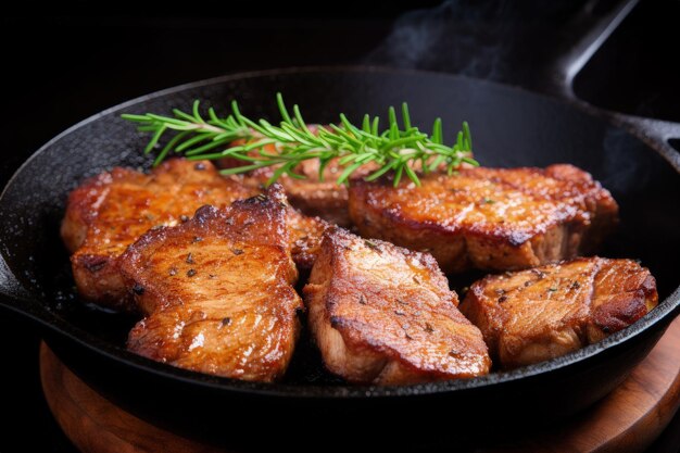 Close up view of pork steak frying