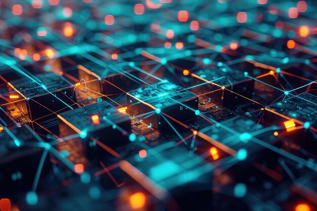 close up view of a qwerty computer keyboard with backlit keys abstract visuals symbolizing blockchain cryptography ai generated