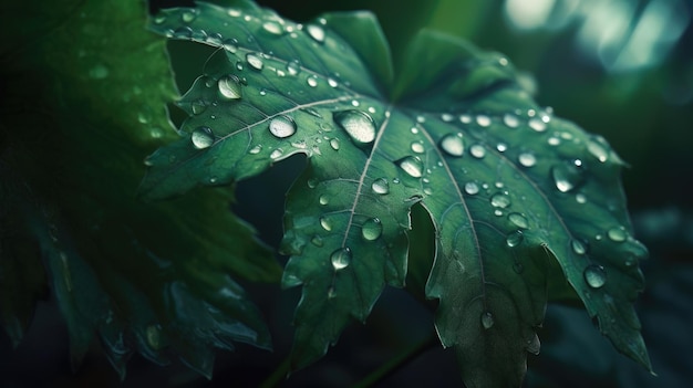 Close up view of raindrops on green leaf Generative AI