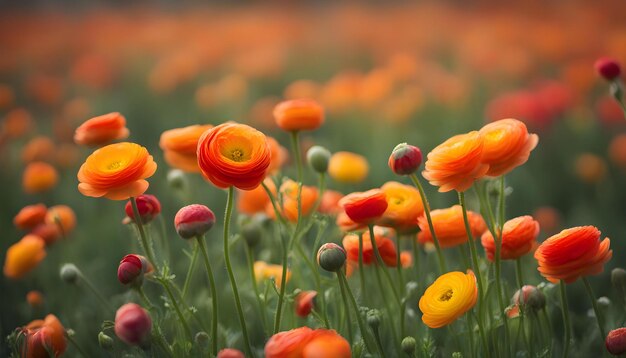 Photo close up view of red and yellow ranunculus flowers in a field aka buttercup flower