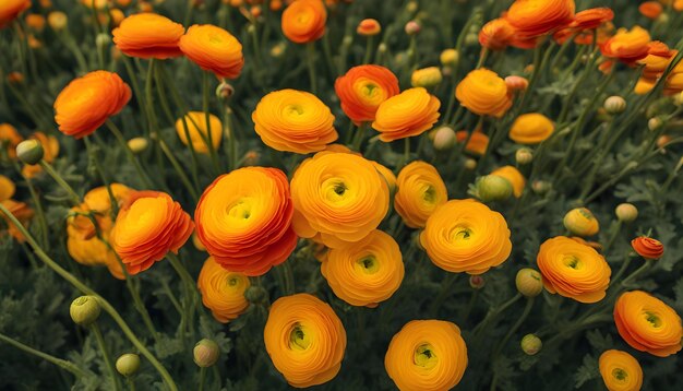 Close up view of red and yellow Ranunculus flowers in a field aka buttercup flower