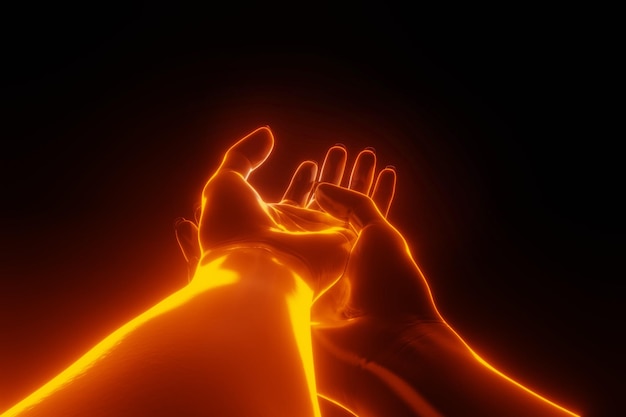 Close up view of right hand holding left hand with fire light 3D glowing Begging concept