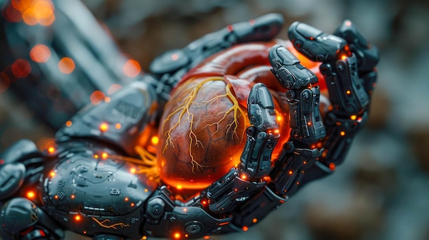 Close up view of robot hand with human heart made of metal