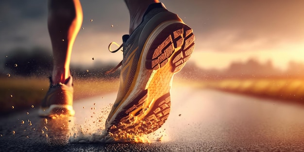Close up view of runner sport shoes sprint running on track