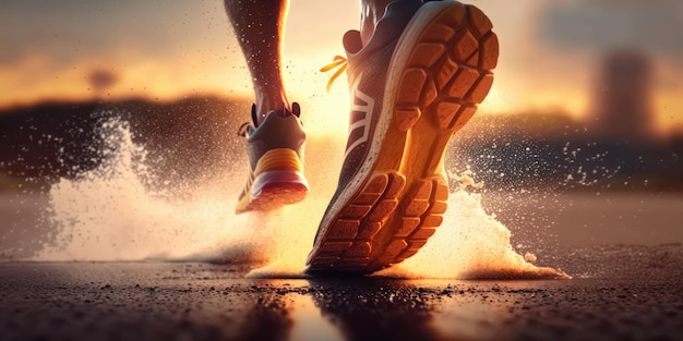 Close up view of runner sport shoes sprint running on track