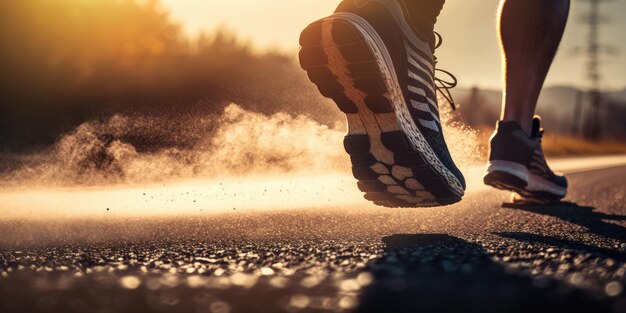 Close up view of runner sport shoes sprint running on track