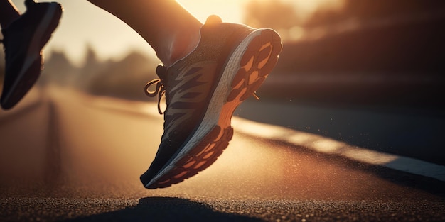 Close up view of runner sport shoes sprint running on track