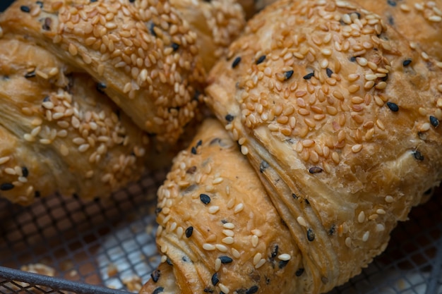 Close-up view of sesame seed croissants