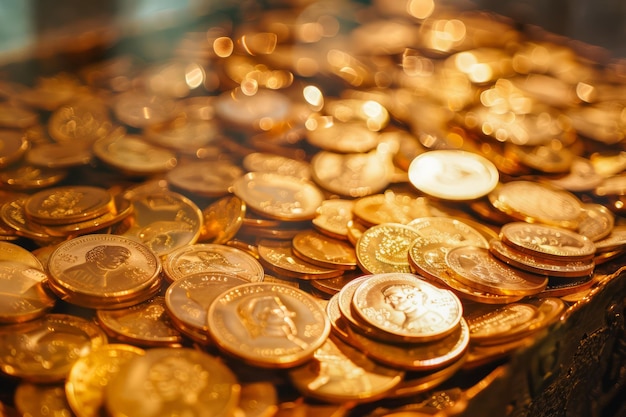 Close up View of Shiny Gold Coins Stacked in a Pile Wealth and Currency Concept