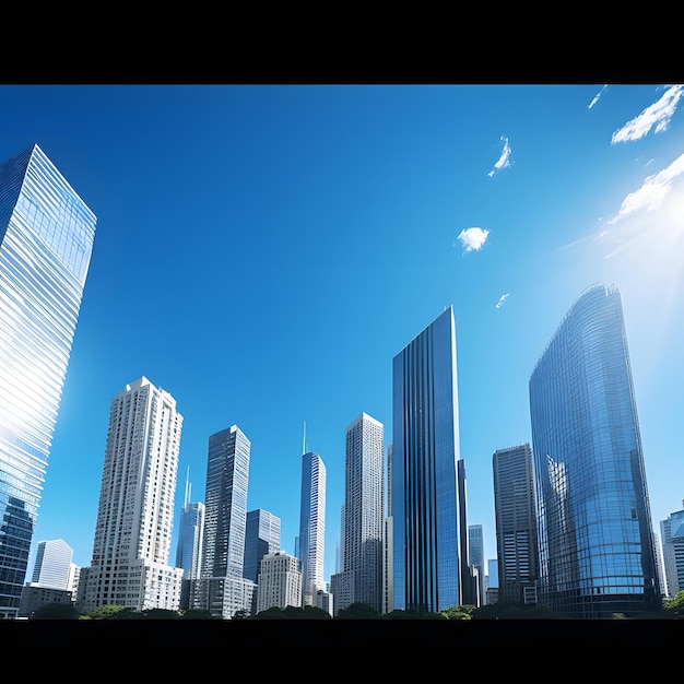 close up view of skyscrapers against blue sky in the style of chicago landscape